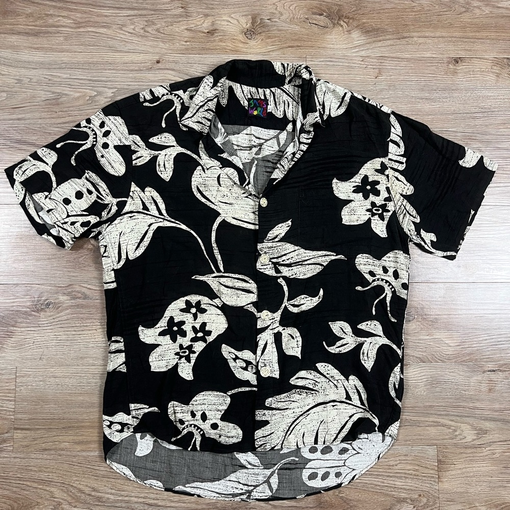Vintage Jams World Black and Cream Floral Men's Hawaiian Shirt